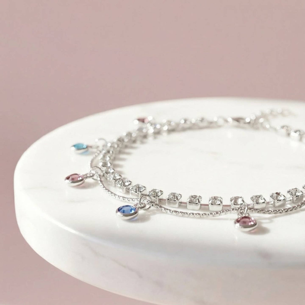Wholesale Layered Rainbow Crystal Charm Tennis Anklet