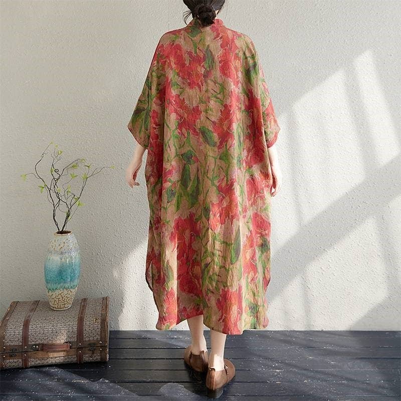 Wholesale Loose Fit Printed Maxi Dress With Stand-Up Collar
