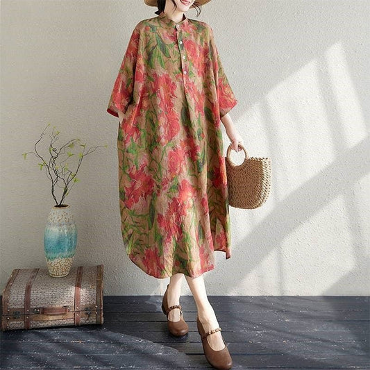 Wholesale Loose Fit Printed Maxi Dress With Stand-Up Collar