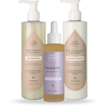 Wholesale Silk Renewal Shampoo & Conditioner + Natural Life Hair Oil Trio – Biotin, Rosemary & Pomegranate Treatment to Nourish, Strengthen & Revive Menopause Hair