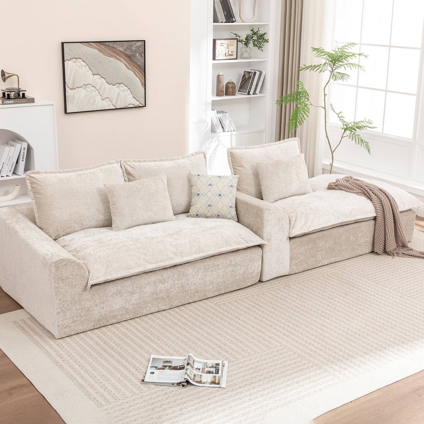 Wholesale Ivory Chenille L‑Shaped Modular Sectional Compressed Sofa