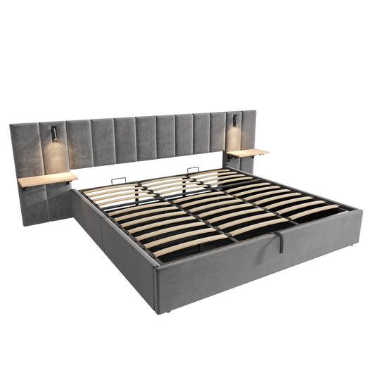 Wholesale Super king grey velvet-upholstered end-opening ottoman bed frame with side tables, lamps and charging station, 180×200 cm LATTICERO