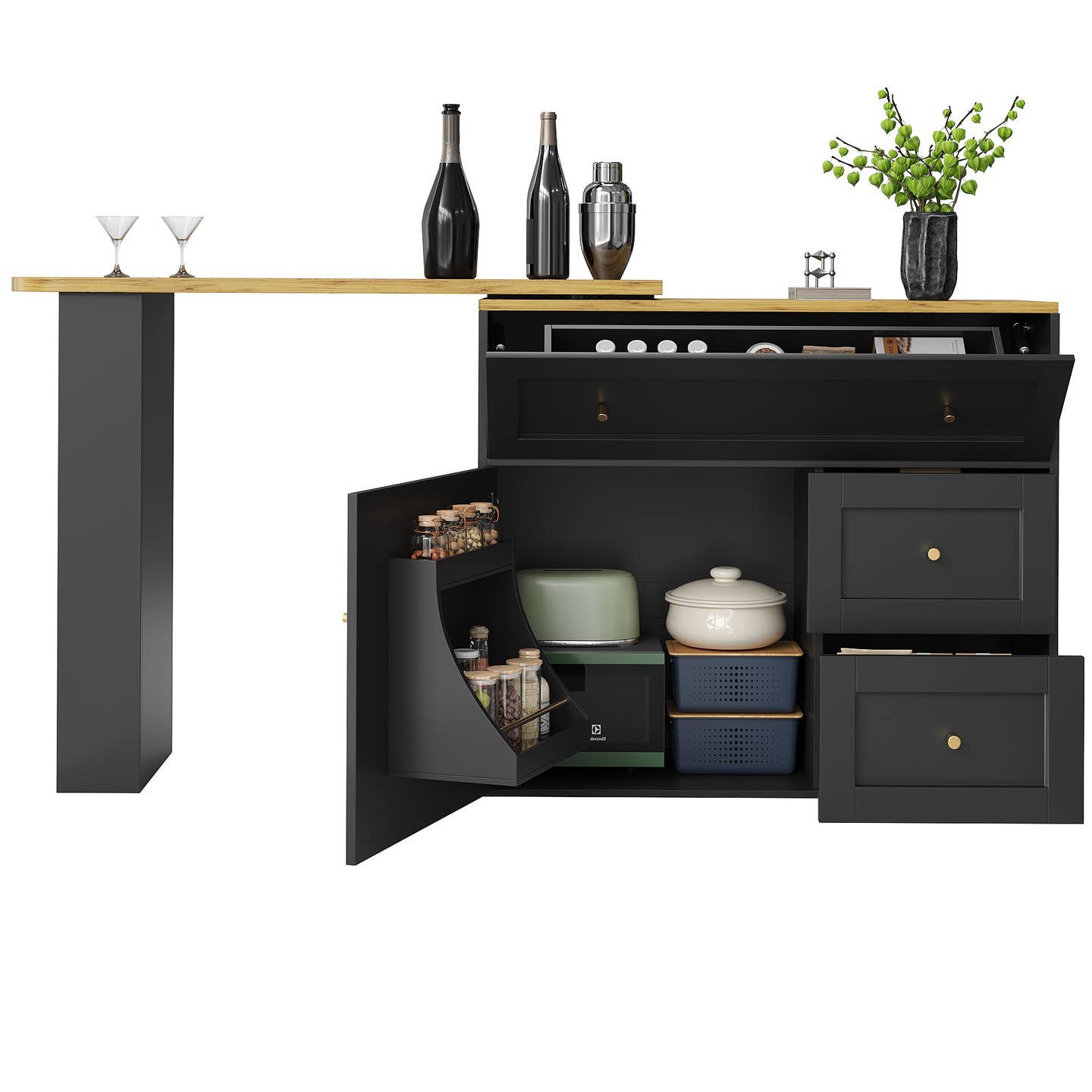 Wholesale Extendable bar table black with storage kitchen cabinet with snack shelf (138-204×39×105cm) MANGROVEPROP