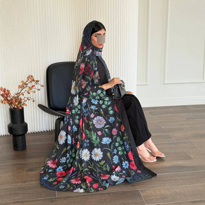 Abaya Hijab Women Eid Party Dresses Jalabiya Muslim Flower Print Cardigan Robe Khimar Ramadan Dubai Open Abayas Kaftan Vestidos