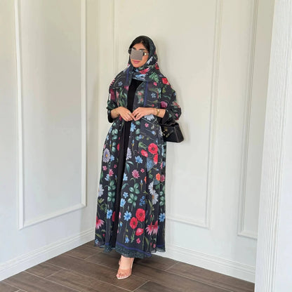 Abaya Hijab Women Eid Party Dresses Jalabiya Muslim Flower Print Cardigan Robe Khimar Ramadan Dubai Open Abayas Kaftan Vestidos