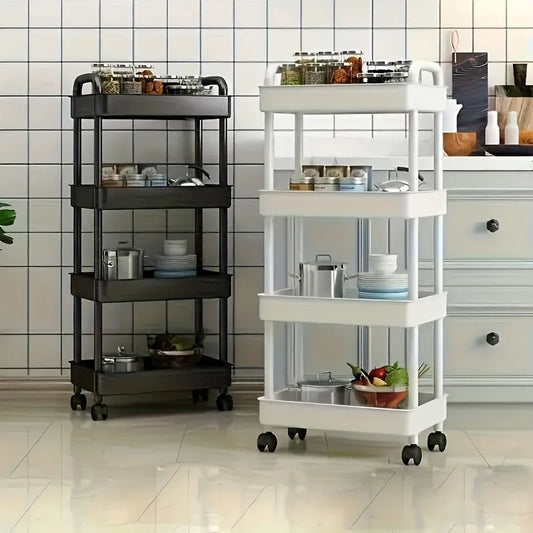 4-Tier Plastic Rolling Storage Cart - Portable Shelf Trolley with Wheels for Home Organization