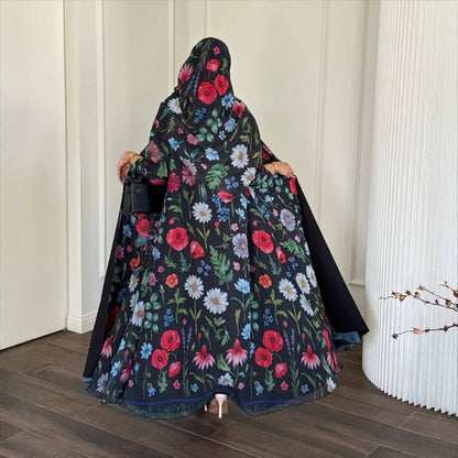 Abaya Hijab Women Eid Party Dresses Jalabiya Muslim Flower Print Cardigan Robe Khimar Ramadan Dubai Open Abayas Kaftan Vestidos