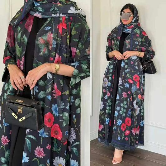 Abaya Hijab Women Eid Party Dresses Jalabiya Muslim Flower Print Cardigan Robe Khimar Ramadan Dubai Open Abayas Kaftan Vestidos