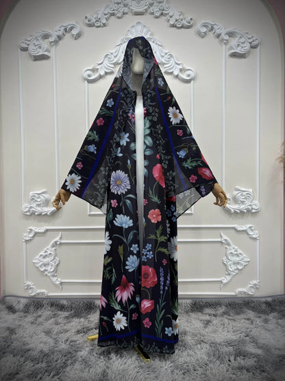 Abaya Hijab Women Eid Party Dresses Jalabiya Muslim Flower Print Cardigan Robe Khimar Ramadan Dubai Open Abayas Kaftan Vestidos