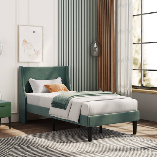 Wholesale Velvet Upholstered Single Bed Frame with Winged Headboard and Wood Slats