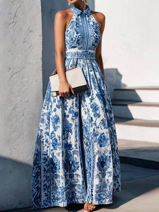 Wholesale A-Line Loose Flower Print Split-Joint Lapel Maxi Dresses