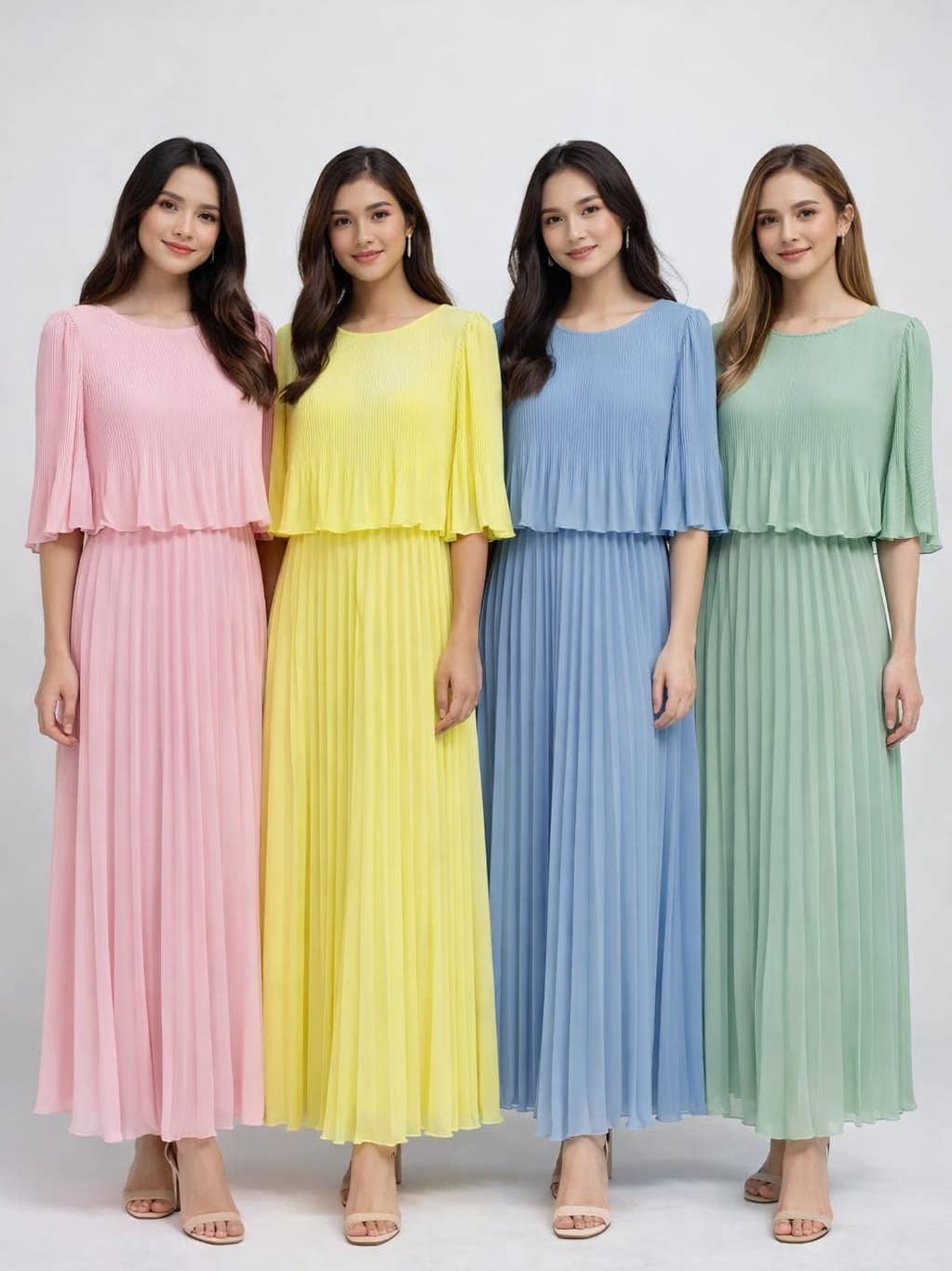 Wholesale Plain Crew Cape Pleated Plisse Maxi Dress