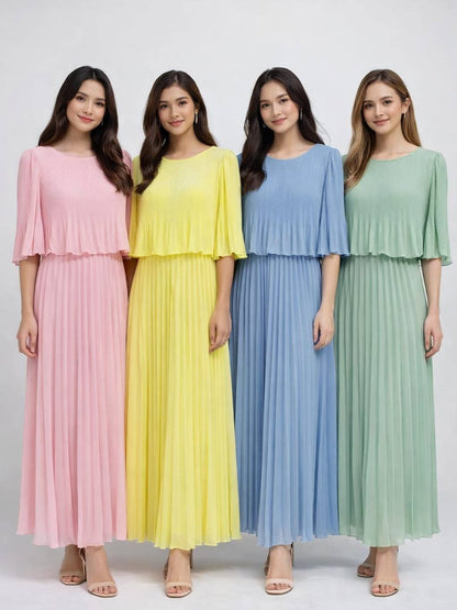Wholesale Plain Crew Cape Pleated Plisse Maxi Dress